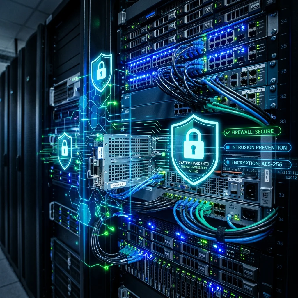 Secure datacenter server racks with glowing blue indicators