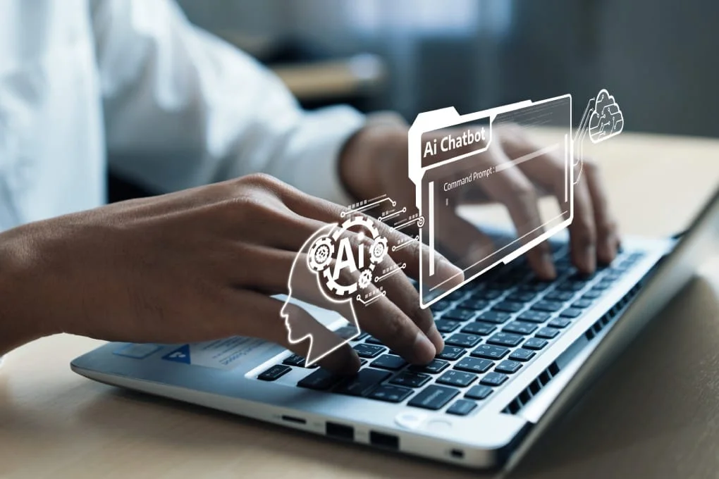 Human working with an AI assistant concept for business support, automation, and generative AI.