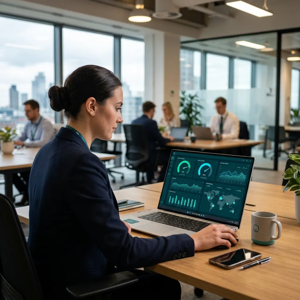 Executive reviewing an IT health check dashboard on a laptop